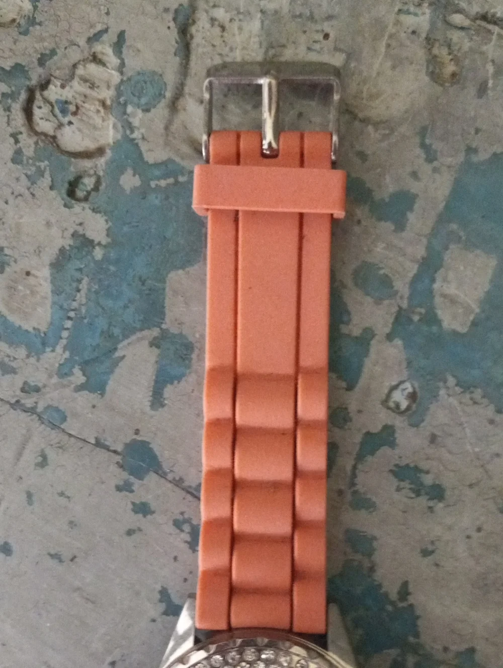 Silver Tone Crystal-Bezel Coral Color Silicone Strap Watch